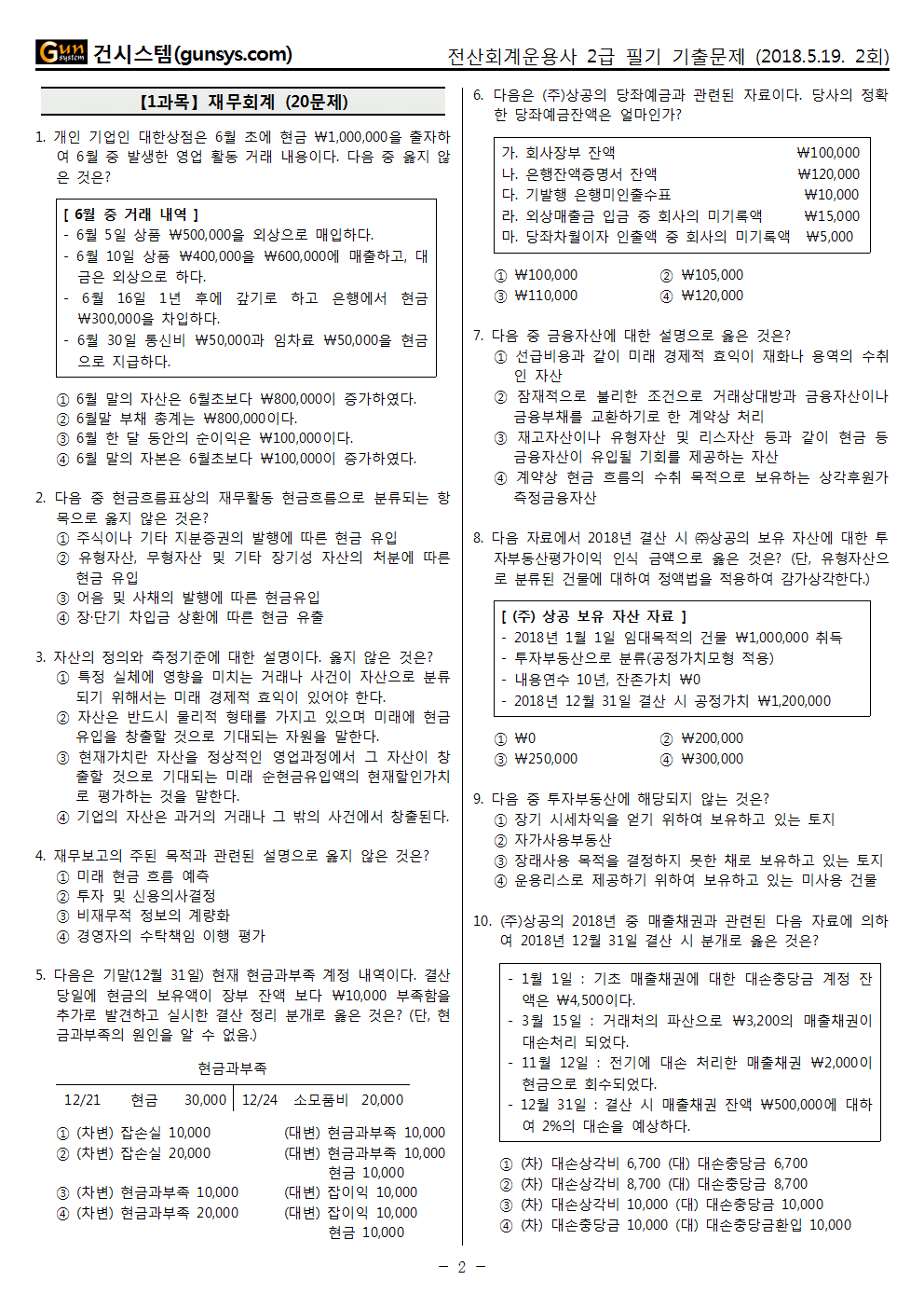 2018년 2회 (5월 19일 시행) 전산회계운용사 2급 필기 기출문제, Cbt입니다.